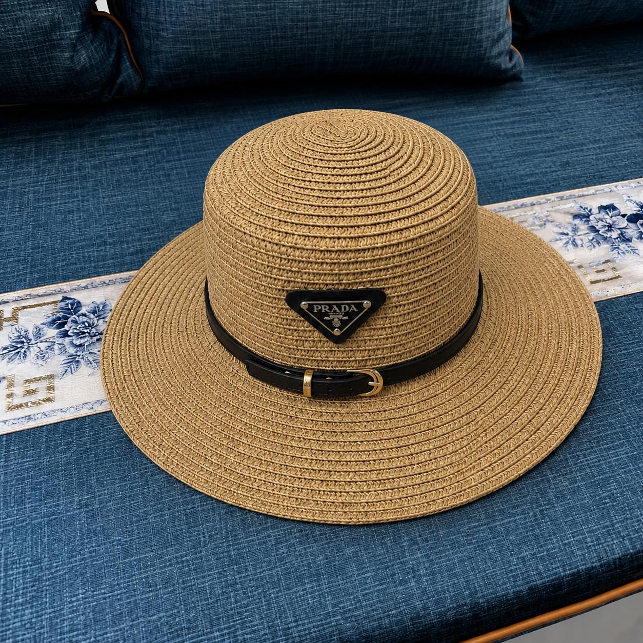 Prada Prada Straw Boater Hat with Leather Trim