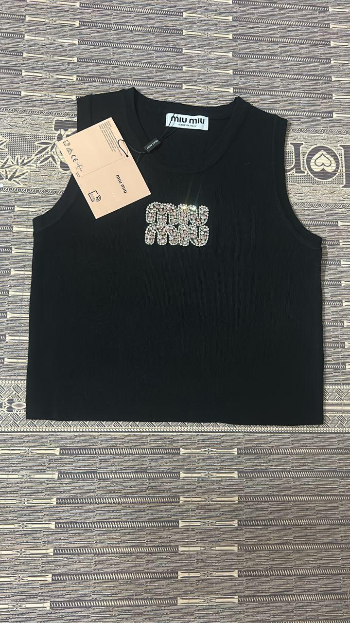Miu Miu Miu Miu Black Ribbed Knit Tank Top with Crystal Logo