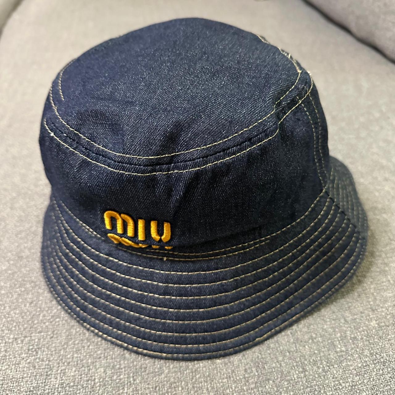 Miu Miu Miu Miu Dark Wash Denim Bucket Hat with Yellow Embroidered Logo