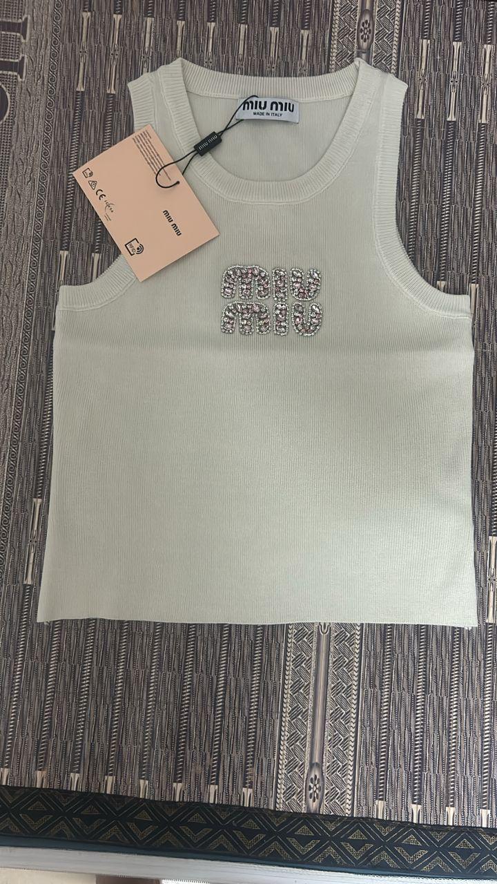 Miu Miu Miu Miu Cream Ribbed Knit Tank Top with Crystal Logo