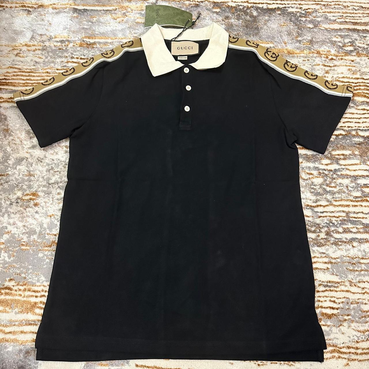 Gucci Gucci Black Cotton Polo Shirt with Interlocking GG Trim