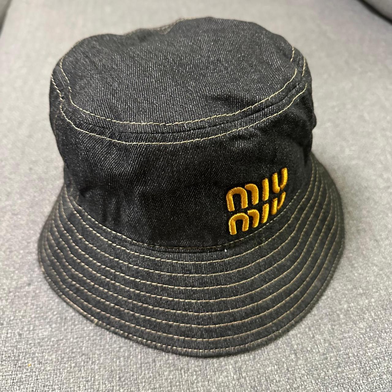 Miu Miu Miu Miu Black Denim Bucket Hat with Yellow Embroidered Logo