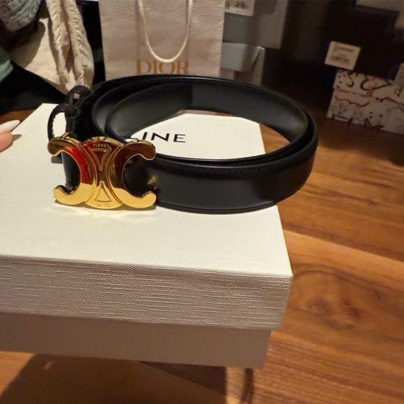 Celine Celine Black Leather Belt with Triomphe Gold Buckle