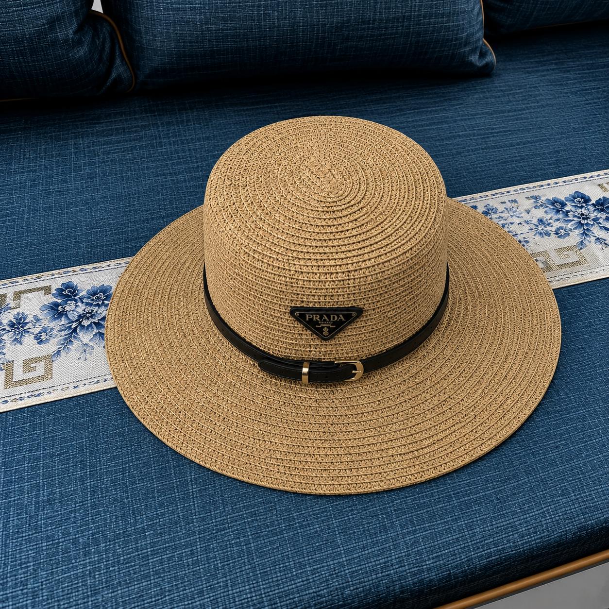 Prada Straw Boater Hat with Leather Trim thumbnail 2