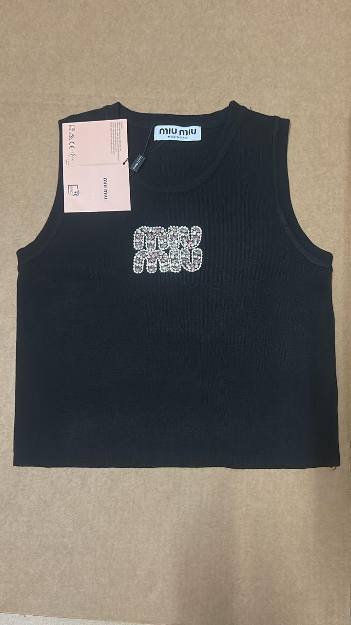 Miu Miu Black Ribbed Knit Tank Top with Crystal Logo thumbnail 2