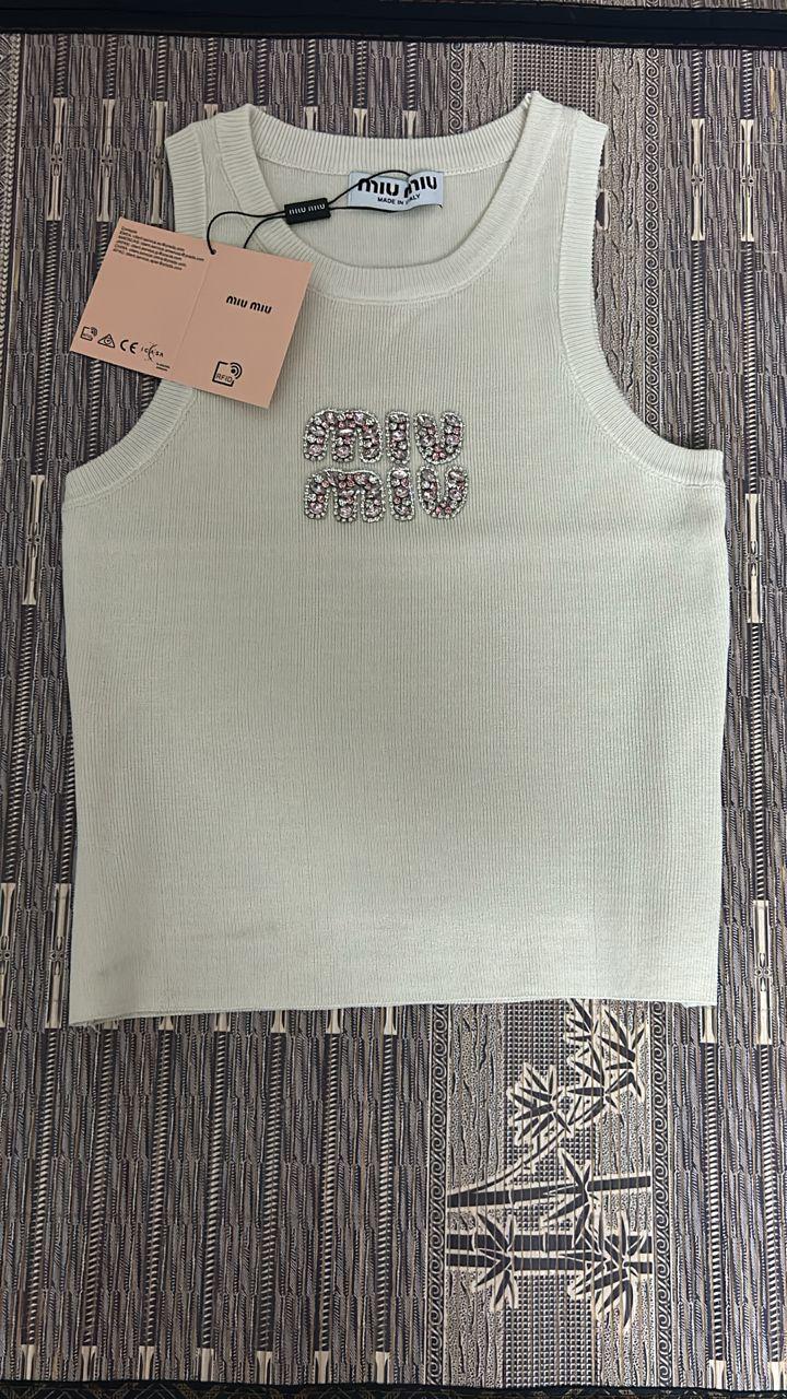 Miu Miu Cream Ribbed Knit Tank Top with Crystal Logo thumbnail 2