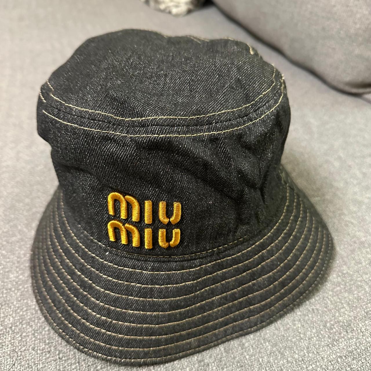 Miu Miu Black Denim Bucket Hat with Yellow Embroidered Logo thumbnail 2