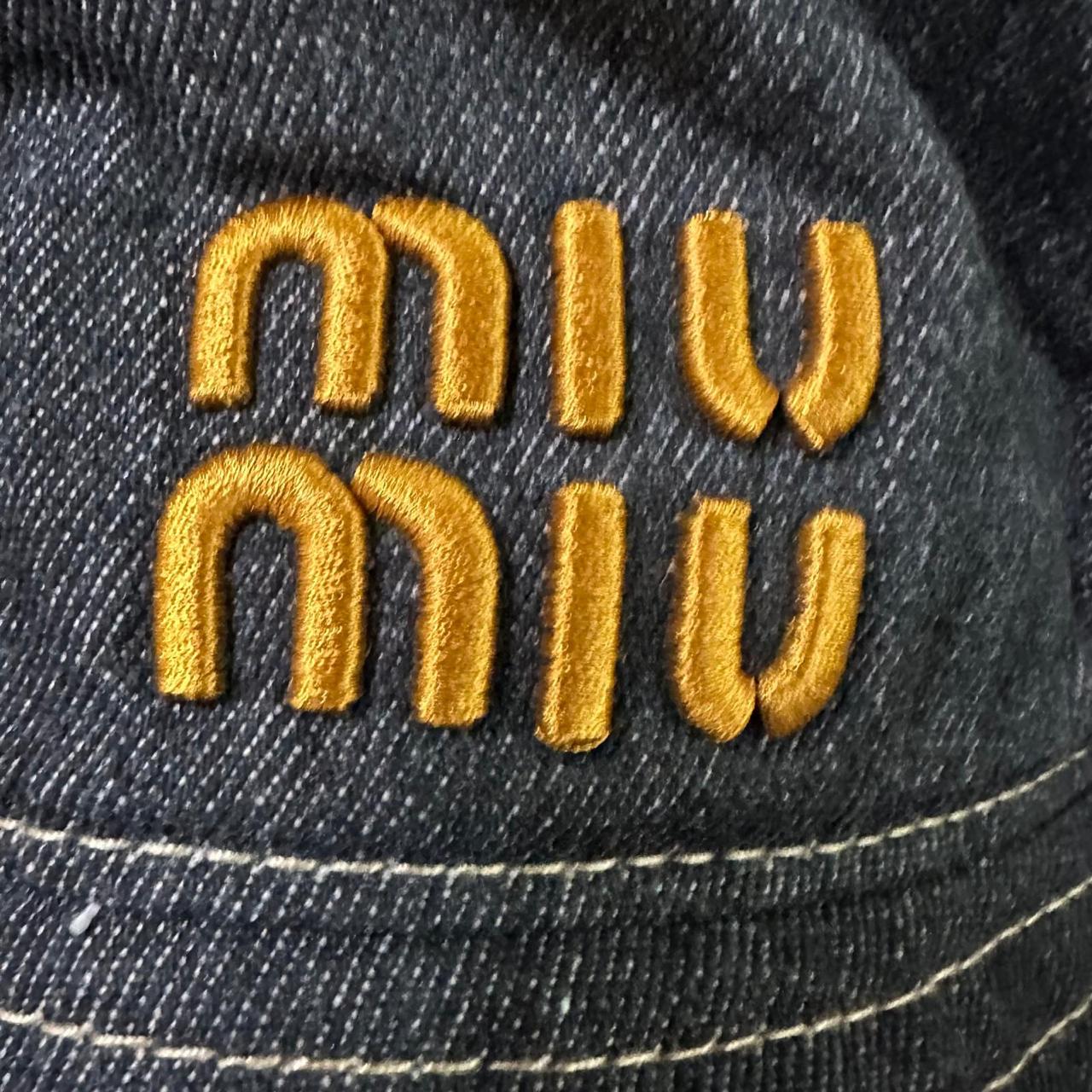 Miu Miu Dark Wash Denim Bucket Hat with Yellow Embroidered Logo thumbnail 3