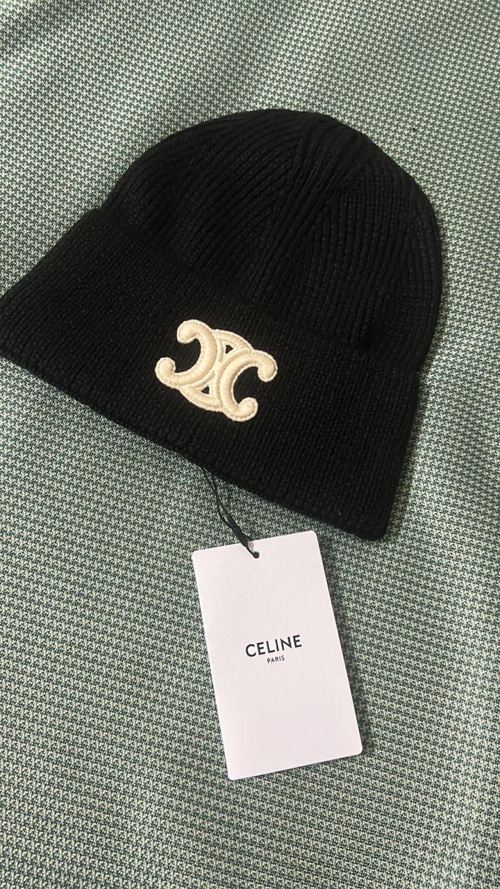 Celine Black Ribbed Knit Beanie with Triomphe Logo thumbnail 3