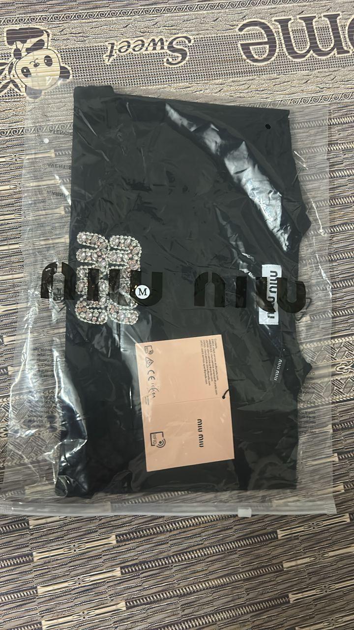 Miu Miu Black Ribbed Knit Tank Top with Crystal Logo thumbnail 3