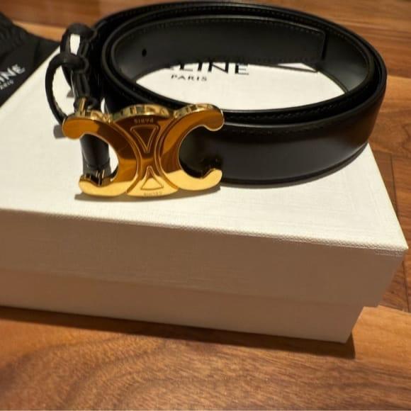 Celine Black Leather Belt with Triomphe Gold Buckle thumbnail 3