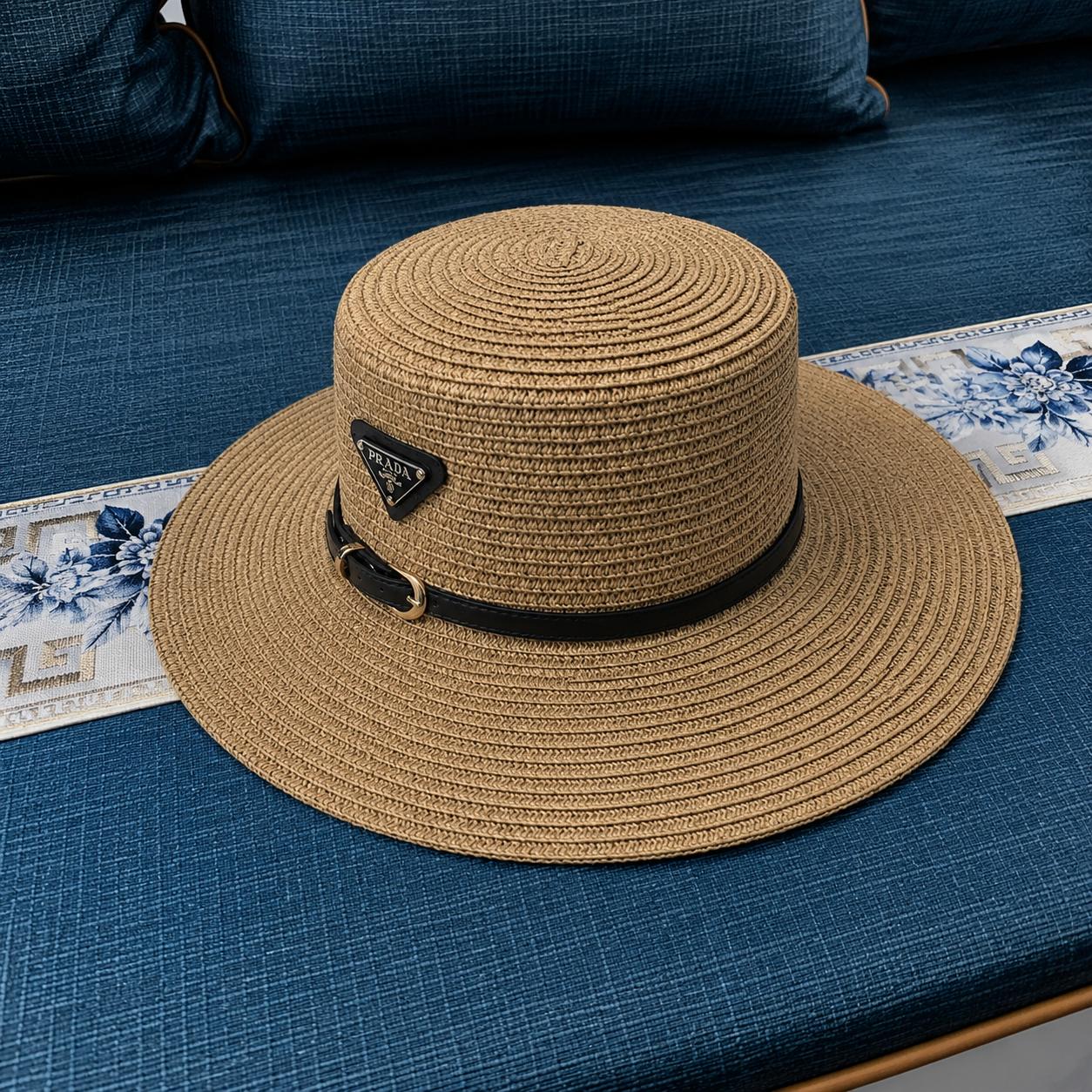 Prada Straw Boater Hat with Leather Trim thumbnail 3