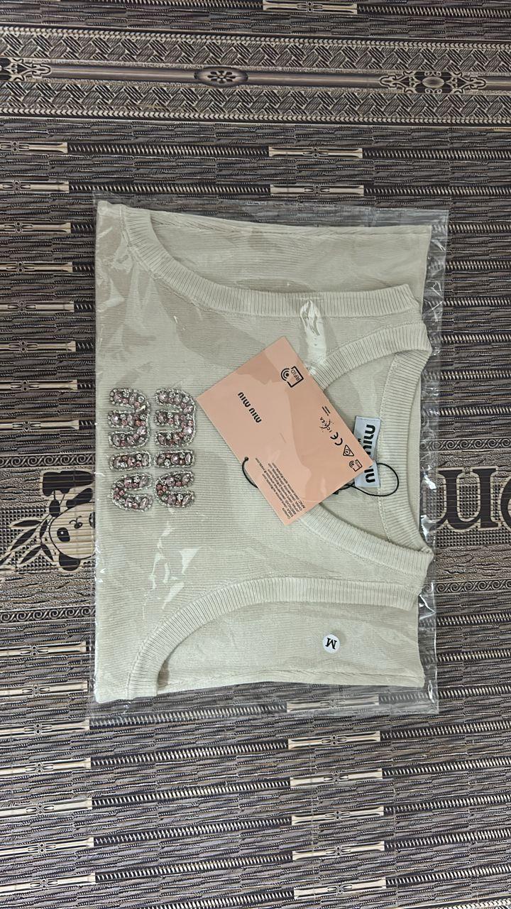 Miu Miu Cream Ribbed Knit Tank Top with Crystal Logo thumbnail 3