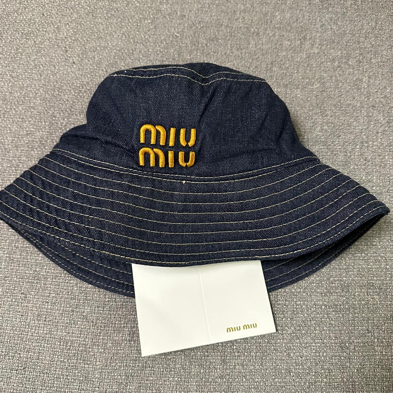 Miu Miu Dark Wash Denim Bucket Hat with Yellow Embroidered Logo thumbnail 4