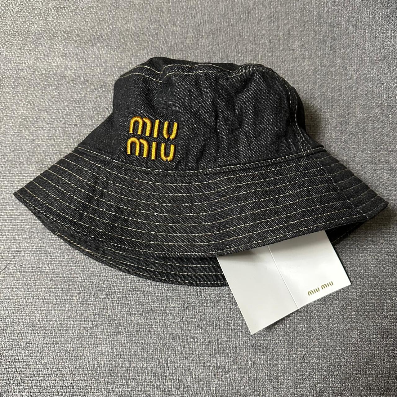 Miu Miu Black Denim Bucket Hat with Yellow Embroidered Logo thumbnail 4