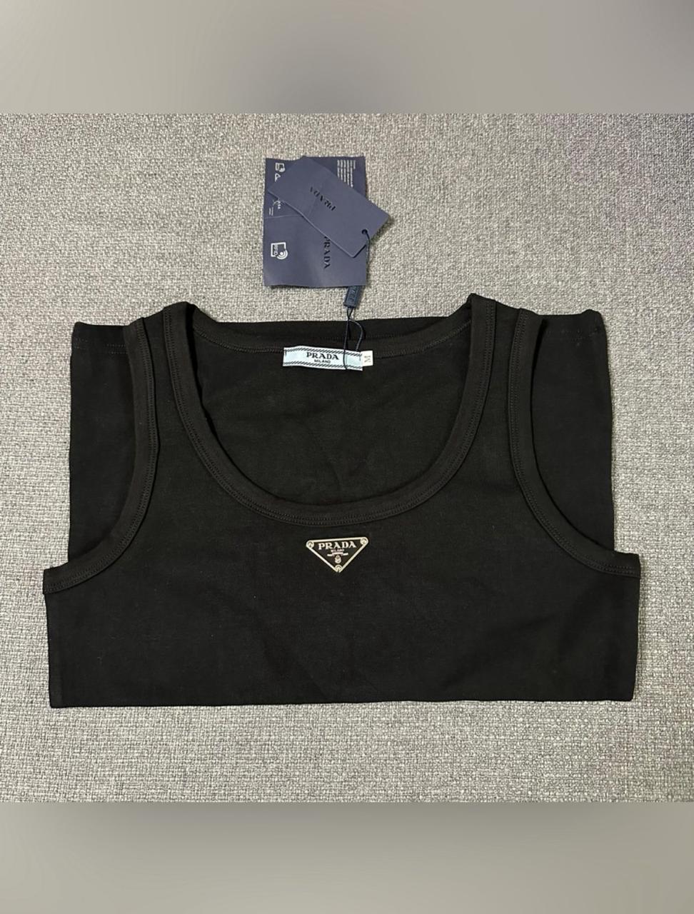 Prada Black Ribbed Tank Top with Triangle Logo thumbnail 5